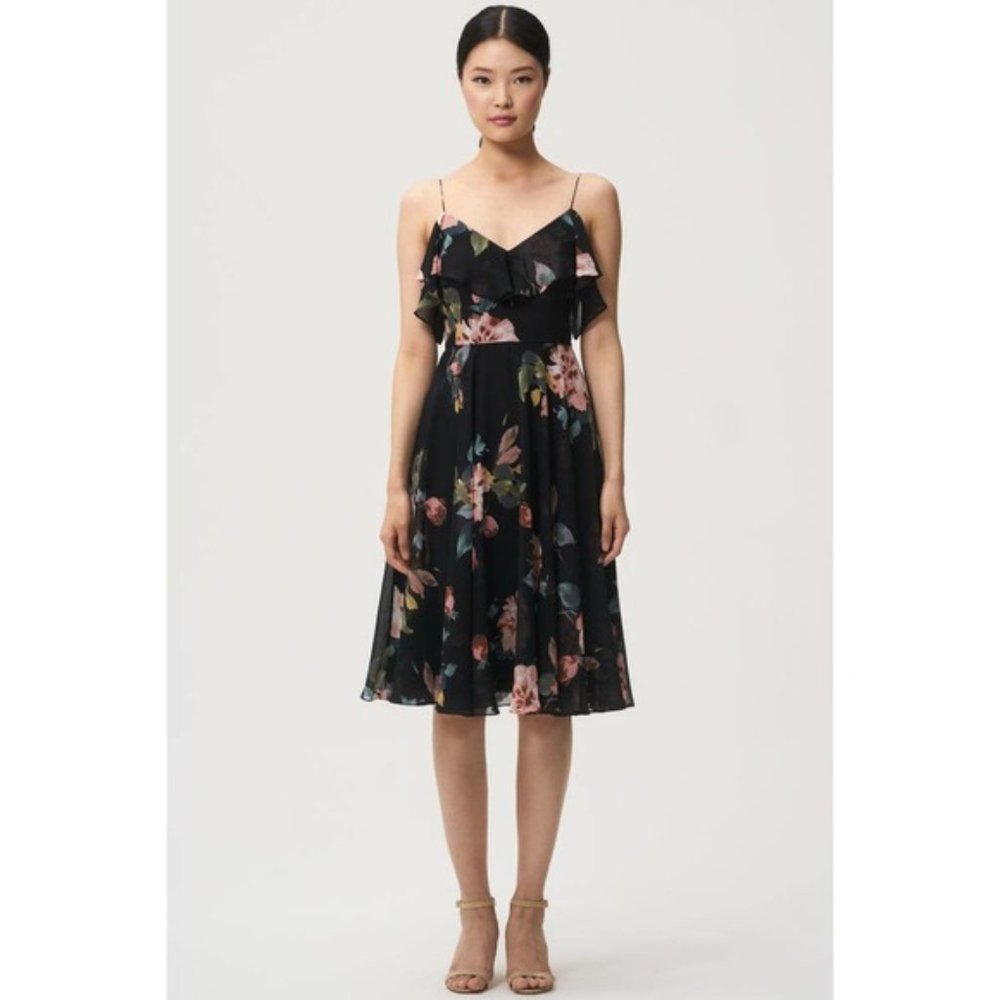Jenny Yoo Dress 2 Black Floral Chiffon A-Line Formal Midi Cold Shoulder